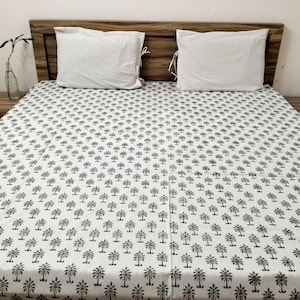 Hand Block Print Cotton Bed Sheet: Palm Tree Bedspread, King Size
