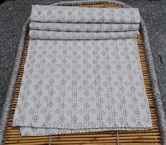 Grey Butterfly Buti Block Print Kantha Bed Cover: Handmade Indian Quilt