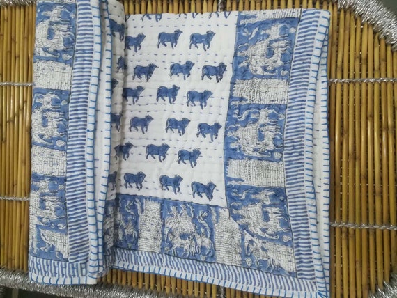 Ox Print Cotton Baby Quilt Hand Block Print Cotton Kantha Bedding Baby Blanket Kantha Baby Quilt Indian Hand Print Kantha Bedding Baby