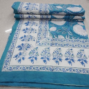 Hand Block Printed Cotton Flat Sheet: Floral Bedding Throw (60x90 Inch)