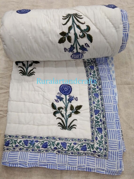 Reversible Block Print Quilt Handmade Floral Print Rajai Multi