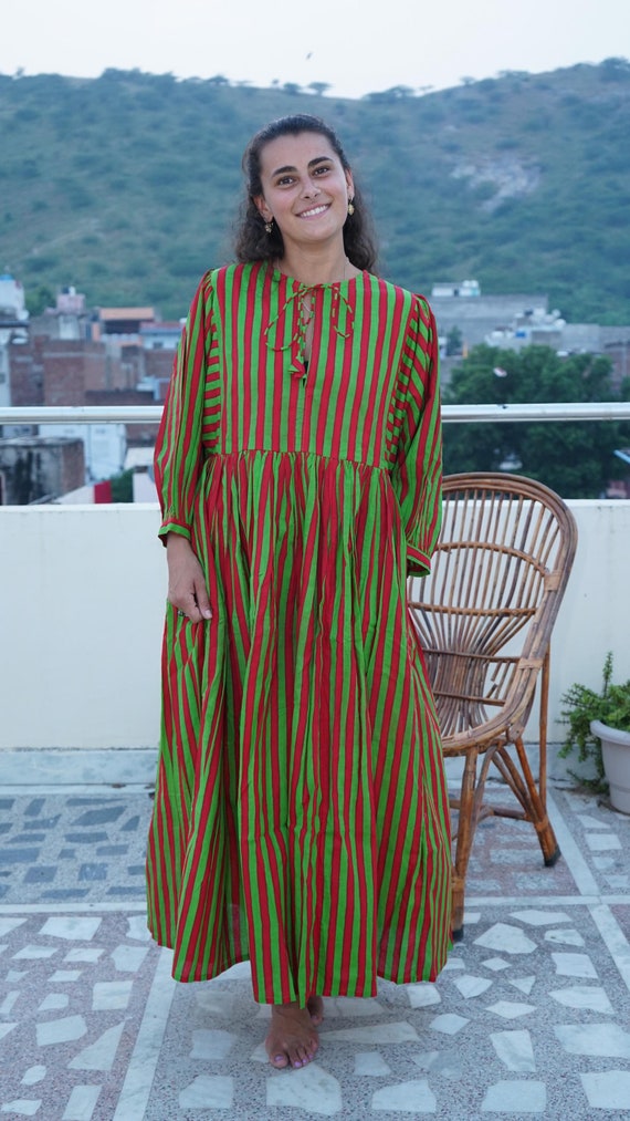striped cotton midi dress Handmade Cotton Midi Dress: Striped Block Print, Deep Neck