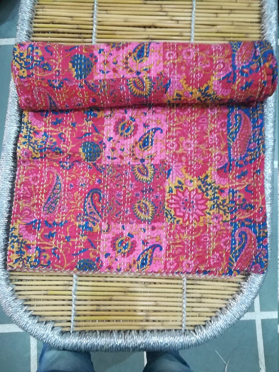 Pink Paisley Hand Block Printed Cotton Kantha Throw - Double bed Size Pink Paisley Hand Block Printed Cotton Kantha Throw - Double bed Size