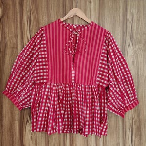 Kyra Top Dress, Mini Dress, Hand print  check print Tunic Top, Deep Neck with string closer  Cotton kyra dress