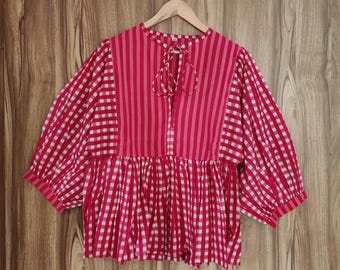 Hand Block Print Cotton Mini Dress: Deep Neck Tunic Top
