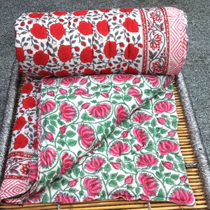 New Year Gift Reversible Floral Print Quilt Handmade Hand Block Print Rajai Multi Floral Print Indian Reversible Quilt Soft Cotton Quilt