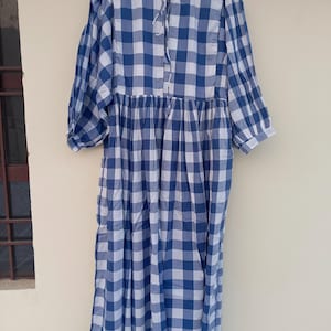 Blue Check Cotton Dress: Handloom Bohemian Print Summer Dress