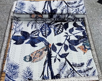 Owl Print Kantha Quilt: Handmade Cotton Bedspread Blanket (90"X108")