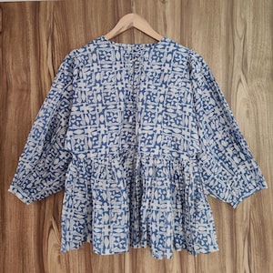 Kyra Top Dress, Mini Dress, hand block print Tunic Top, Deep Neck with string closer  Cotton kyra dress Blue Dress Short.