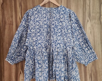 Hand Block Print Cotton Mini Dress: Deep Neck Tunic Top