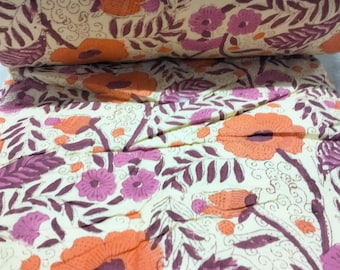 Reversible Cotton Quilt: Hand Block Floral Print, Lightweight Blanket