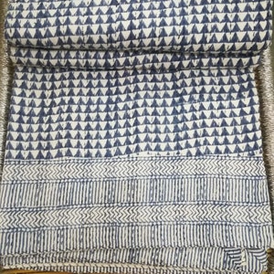 Handmade Cotton Kantha Quilt: Indian Block Print Bed Cover (90&quot;X108&quot;)