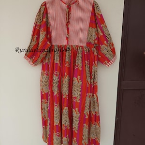 Long Block Print Dress, Deep Neck with string closer Orange Stripes Tiger Midi Dress, Mini Dress,