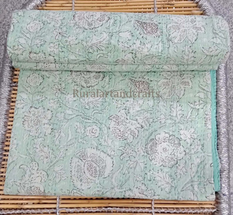 New Cotton Bed Cover Indian Kantha Bed Cover Hand Print Etsy