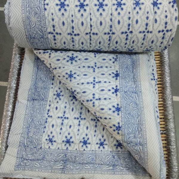 New Indian Hand Block Print Cotton Quilt Reversible  Hand Print Bedspread Quilt Rajai Jaipuri Floral Print Handmade Cotton Quilt King Size