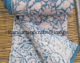 Reversible Cotton Quilt: Hand Block Floral Print, Lightweight Blanket