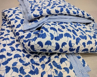 Reversible Cotton Quilt: Hand Block Floral Print, Lightweight Blanket