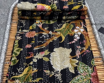 Floral Kantha Quilt: Vintage Cotton Bedspread, California King (108x108 Inch)