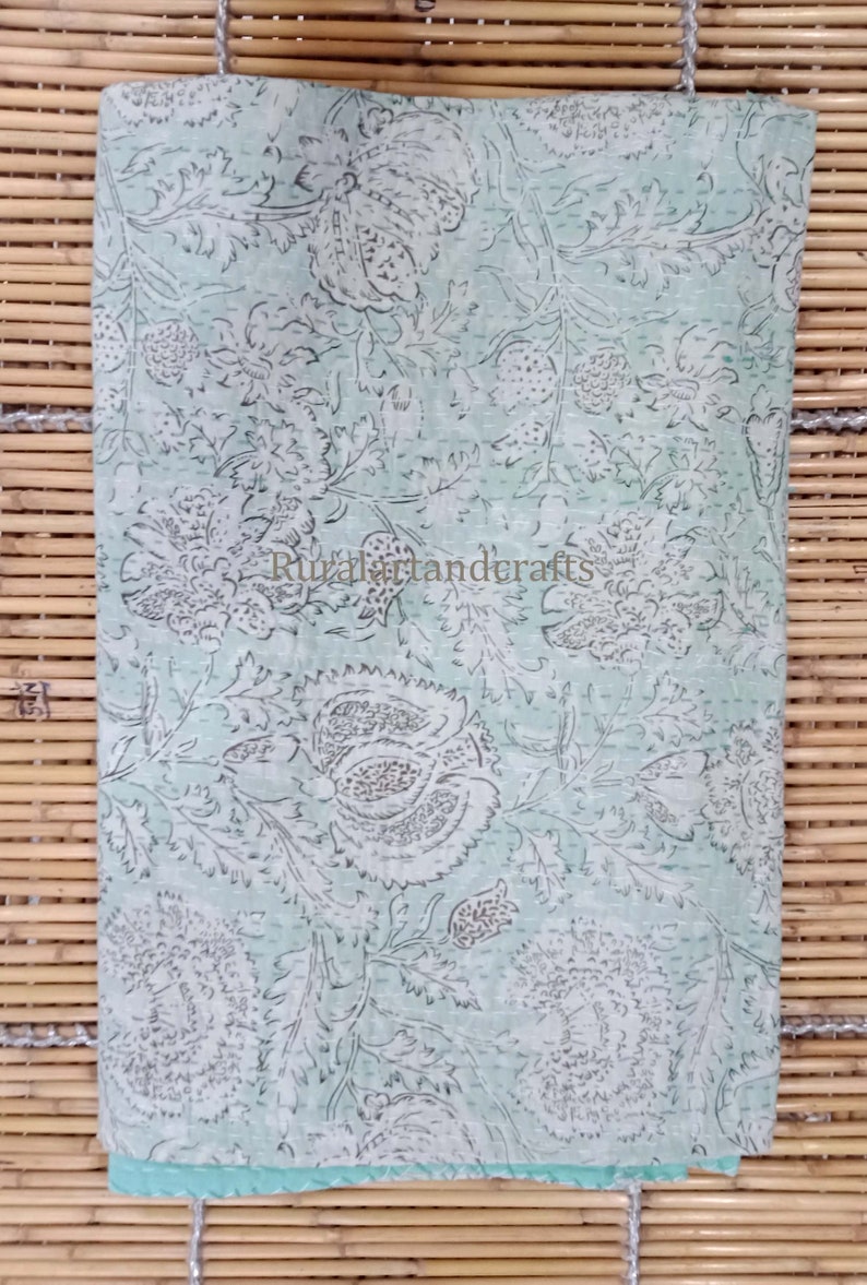 New Cotton Bed Cover Indian Kantha Bed Cover Hand Print Etsy