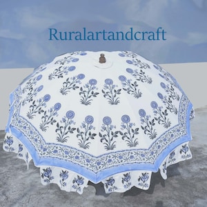 Indian Floral Hand Block Printed Decorative Beach Umbrella Garden Parasol Finest Quality Ever With Very Strong Steel Frame