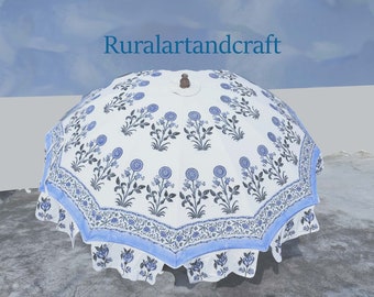 Gebloemde handgeprinte tuinparasol: Indiase parasol met standaard