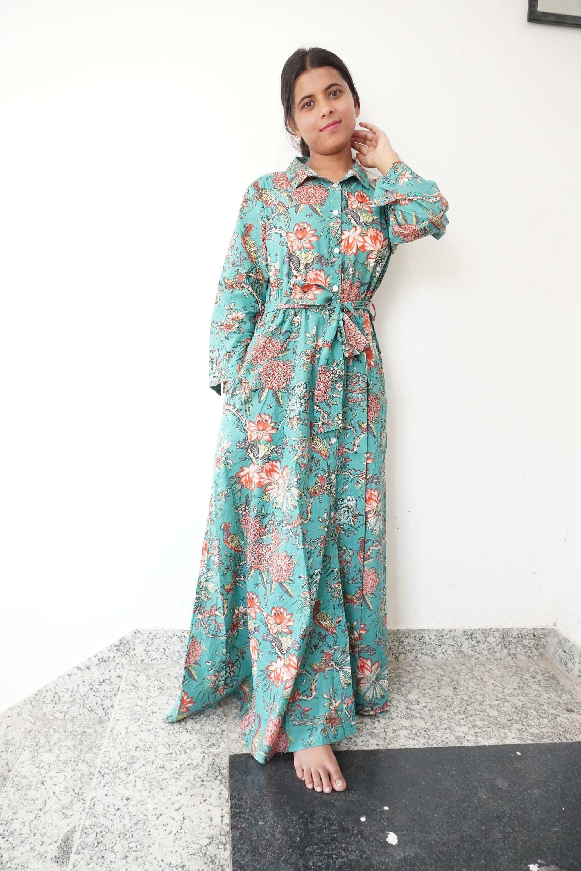 Handmade Cotton Shirt Dress: Floral Block Print Long Gown