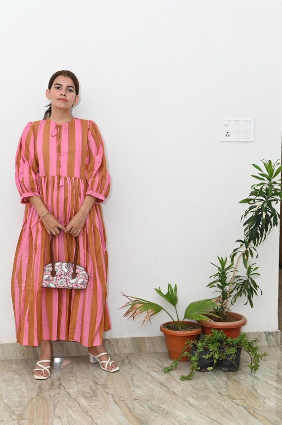 Stripe Block Print Cotton Midi Dress: Balloon Sleeves, Tie Neckline