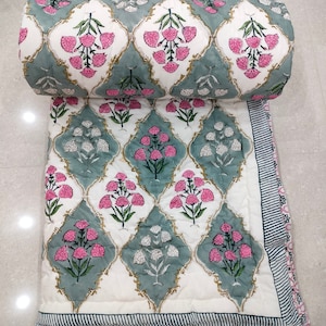 Handmade Floral Block Print Kantha Quilt: Reversible Cotton Throw