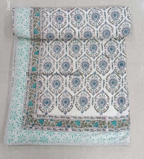 Jaipuri Floral Print Cotton Dohar: Reversible Hand Block Quilt
