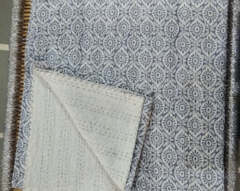 Handmade Cotton Kantha Quilt: Bohemian Bedspread Throw
