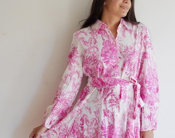 Pink Cotton Mini Shirt Dress: Animal Print Block Print