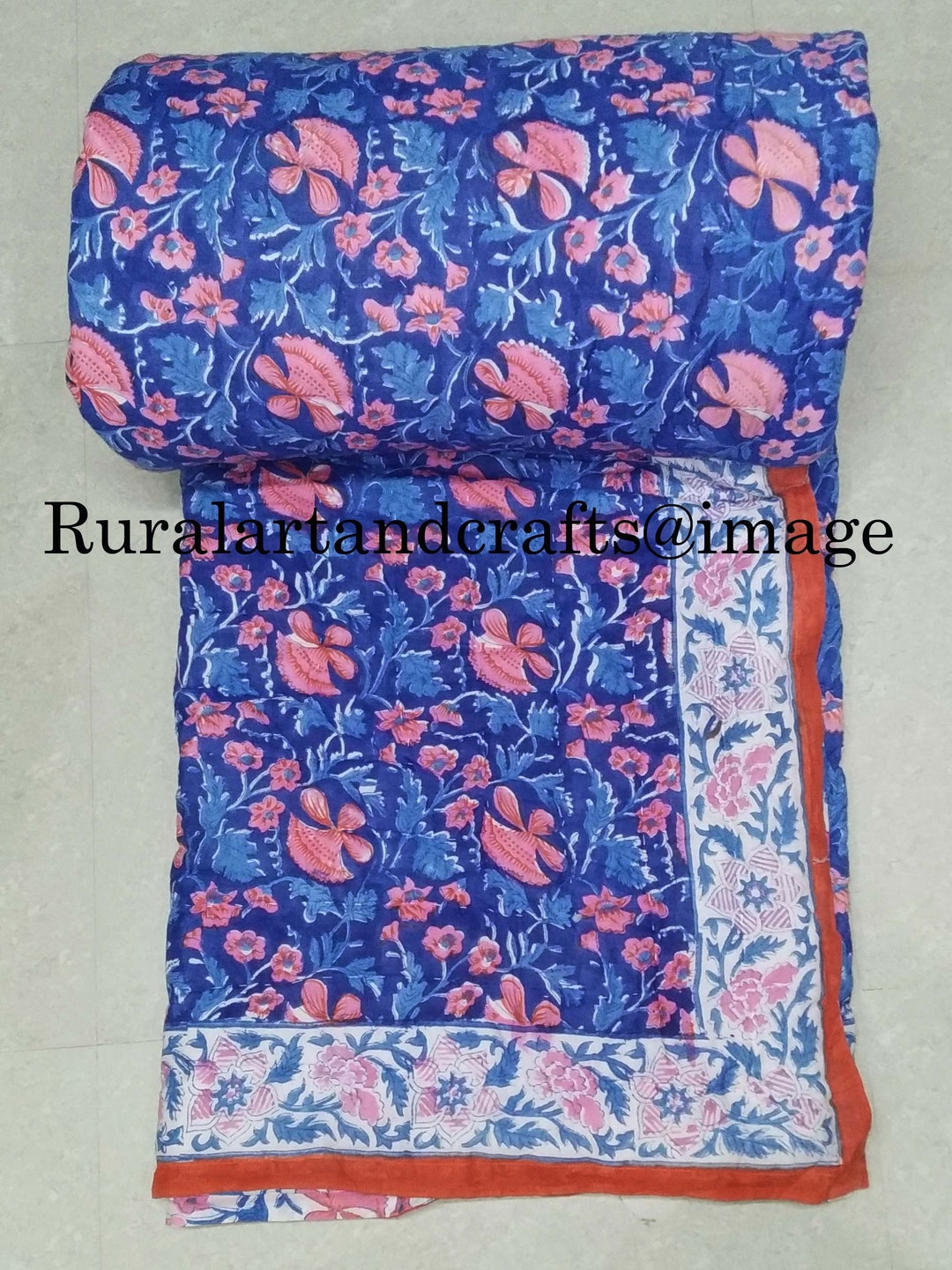 Blue Floral Print Hand Block Print Cotton Quilt Reversible Indian Quilt