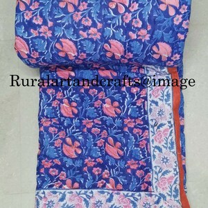 Blue Floral Print Hand Block Print Cotton Quilt Reversible Indian Quilt New Floral Print Quilt