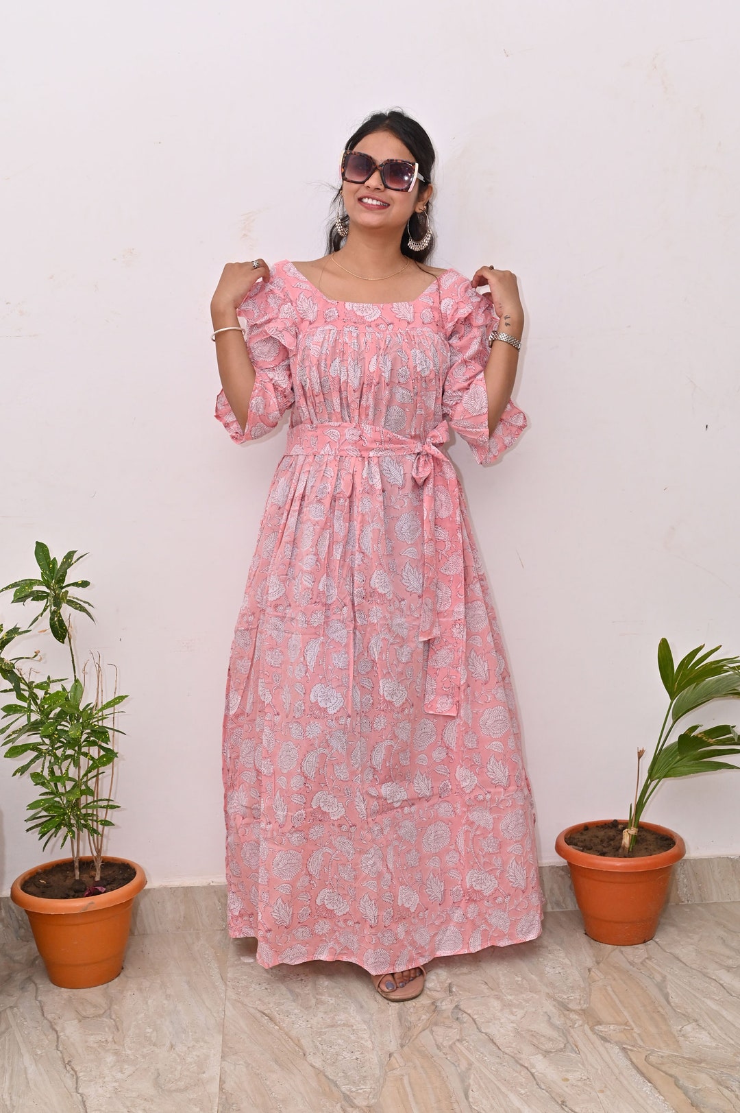 Elena 100% Cotton Midi Dress in Off-White/Pink Floral -Bump Friendly