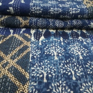 thumbnail image 2 of Handmade Indigo Blue Patchwork Kantha Quilt - Twin Size, 100% Cotton 2 of 5