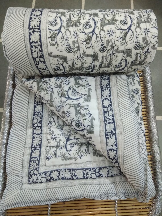 New Floral Print Bedding Throw Hand Print Jaipuri Quilt Throw Soft Cotton Quilt Floral Print Rajai Block Print Quilt Throw