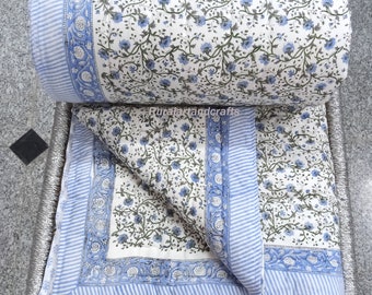 Indian Hand Block Print Cotton Quilt: Reversible Floral Bedspread (90x108" Inch)