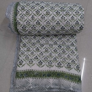 Hand Block Print Cotton Quilt: Reversible Floral Indian Rajai
