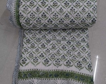 Hand Block Print Cotton Quilt: Reversible Floral Indian Rajai