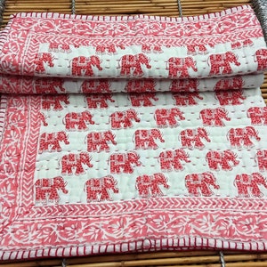 Indian Hand Block Printed Elephant Print baby quilt cotton filled baby quilt hand quilted soft cotton baby blanket kantha throw