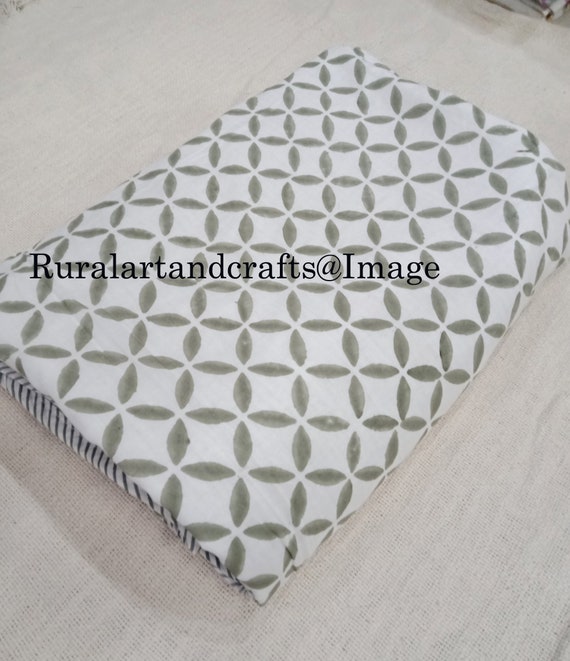 Gray Cutwork Cotton Dohar: Reversible Hand Block Print King Blanket
