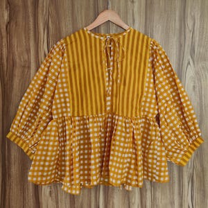 Kyra Top Dress, Mini Dress, Blue hand block print Tunic Top, Deep Neck with string closer  Cotton kyra dress Yellow check dress.