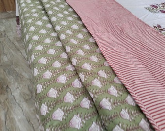 Handmade Green Floral Print cotton Reversible Dohar Soft Cotton Quilt Hand Block Print Quilt Soft Cotton Quilt AC Blanket