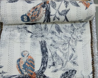 Handmade Owl Print Kantha Quilt: Indian Cotton Bedspread (90"X108")
