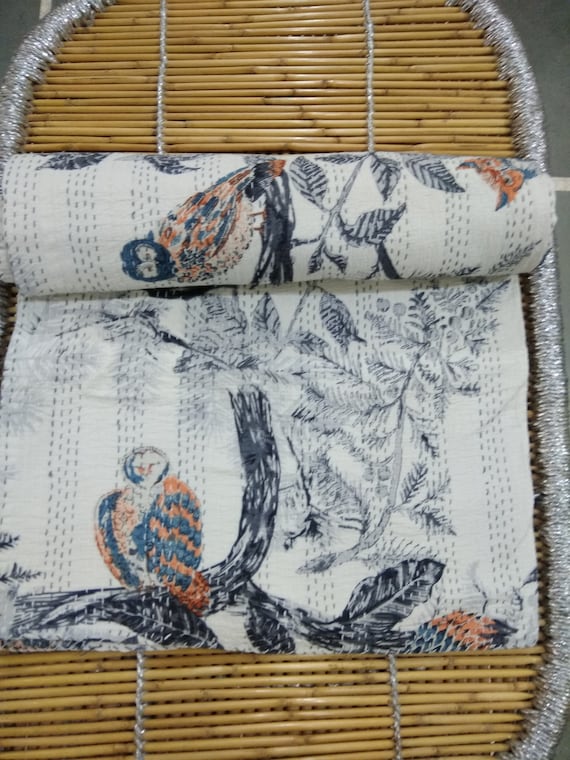 Handmade Owl Print Kantha Quilt: Indian Cotton Bedspread (90"X108")