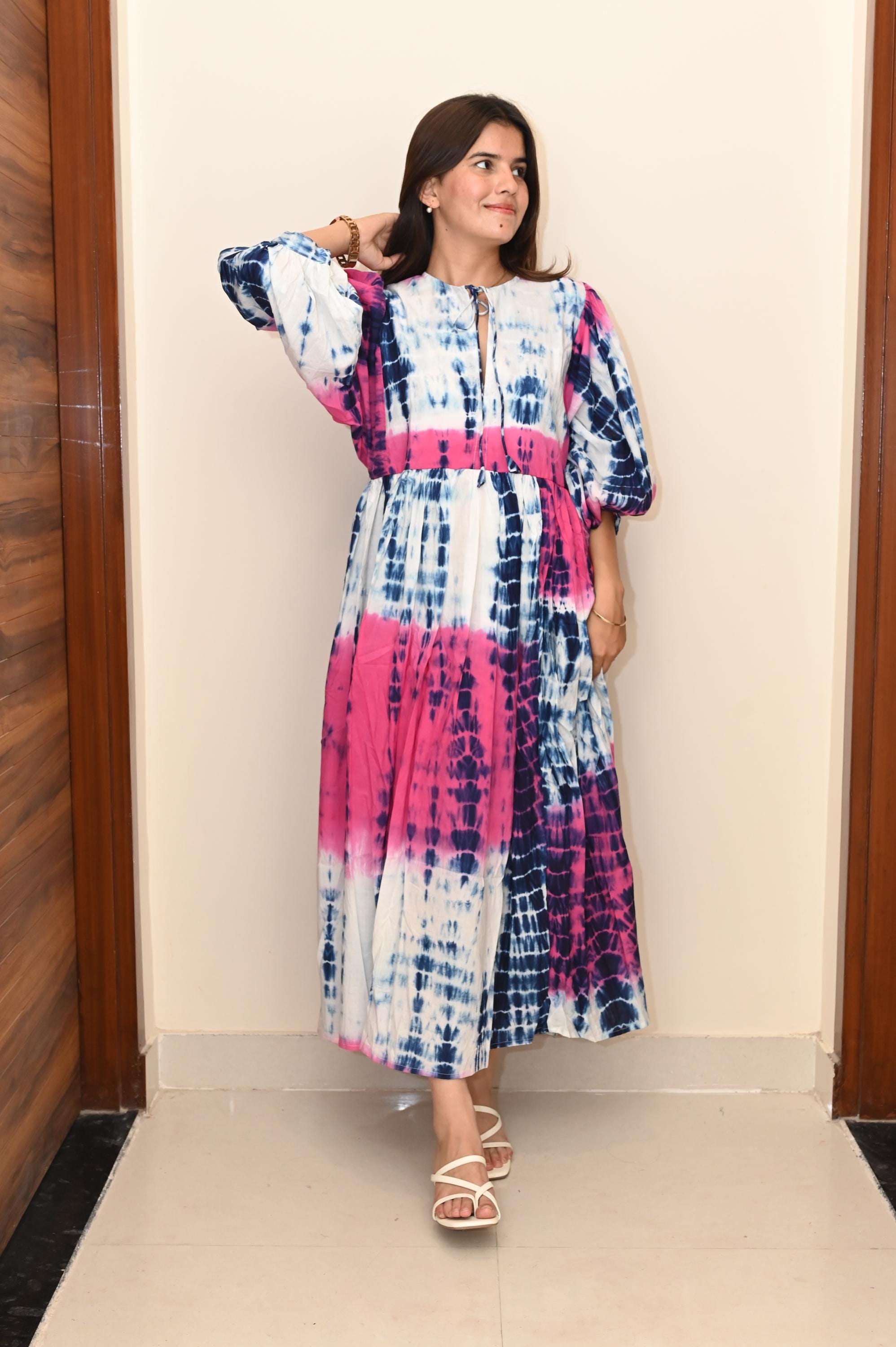 Handmade Tie Dye Maxi Dress: Pink & Navy Blue Bohemian Cotton Long Dress Handmade Tie Dye Maxi Dress: Pink & Navy Blue Bohemian Cotton Long Dress