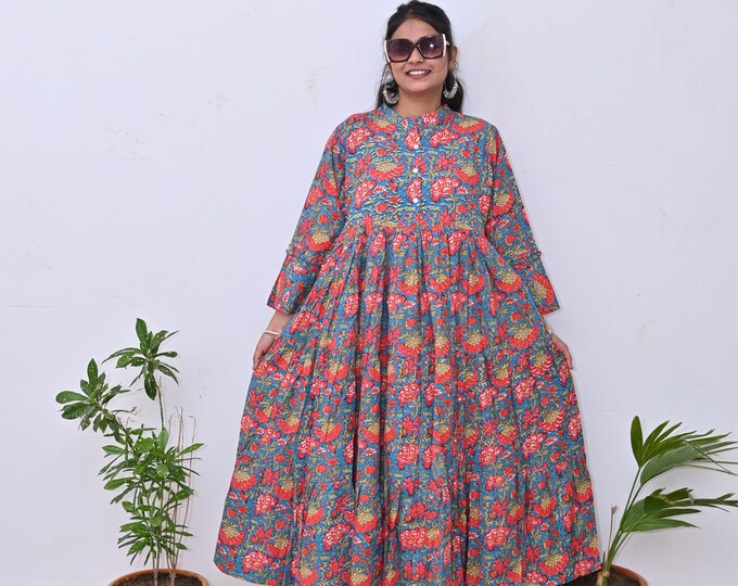 Red & black cotton chanderi dress with all-over floral hand block print.