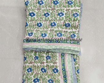 Reversible Cotton Quilt: Hand Block Floral Print, Lightweight Blanket