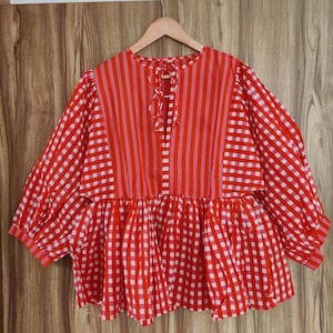 Kyra Top Dress, Mini Dress, hand block print Tunic Top, Deep Neck with string closer  Cotton kyra dress Red check dress.