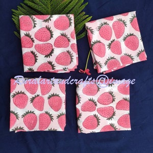 Strawberry Print Napkins: Hand Block Printed Organic Cotton Dinner Napkins